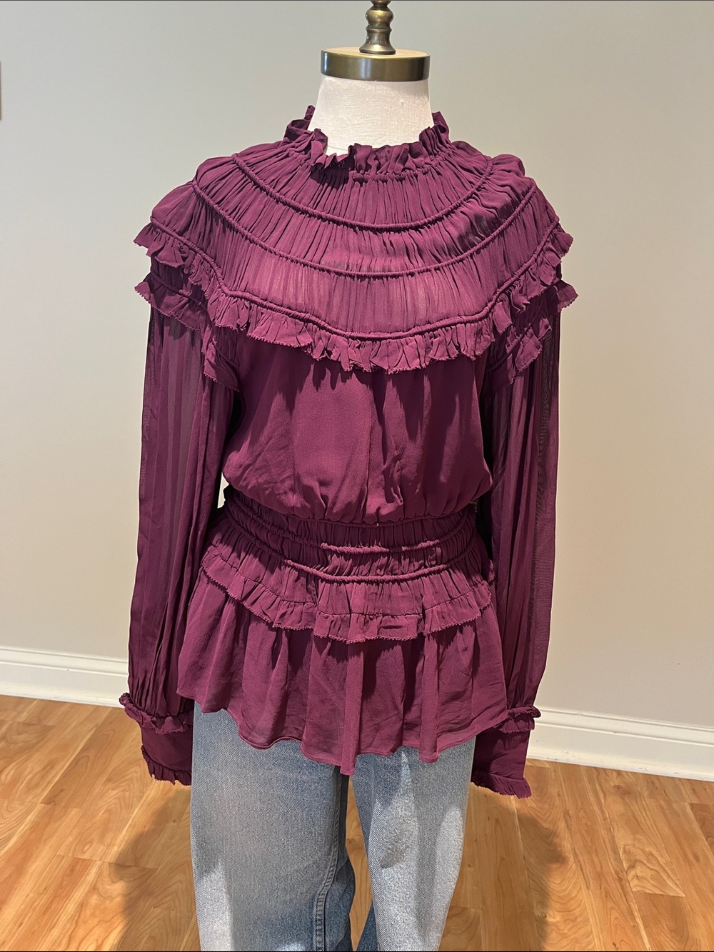 NEW! FARM Rio Ruffled High-Neck Long Sleeve Top in Plum size M